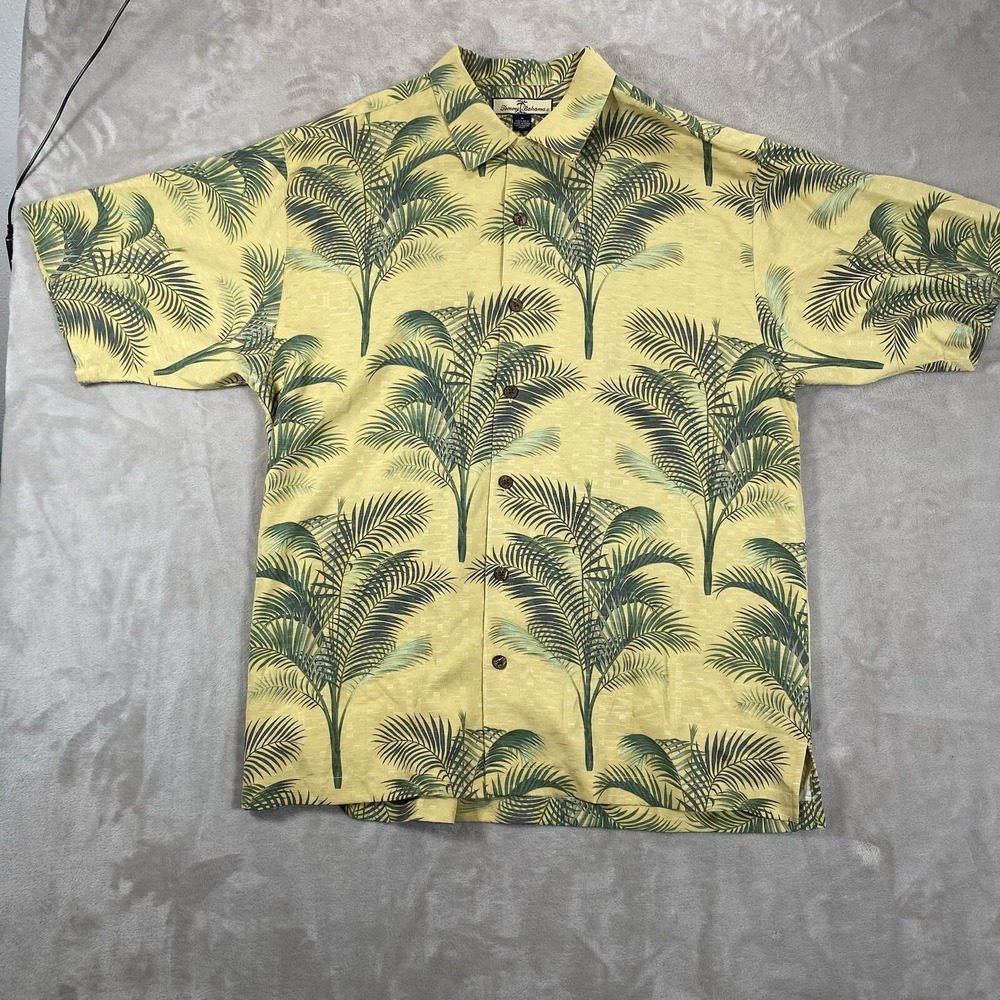 Tommy Bahama Silk Shirt Mens M Hawaiian Camp Yellow Green Palm Trees Loop Collar